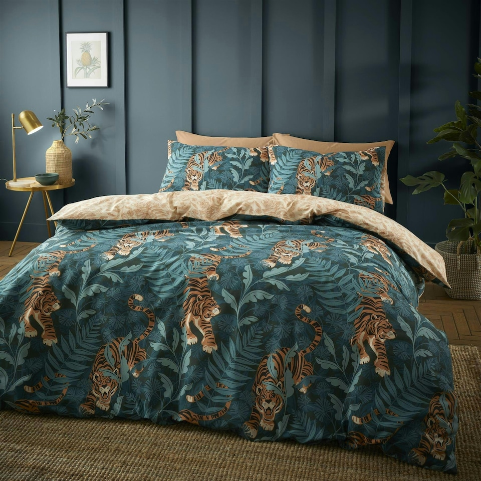 image 1 of Catherine Lansfield Tropic Tiger Green Duvet Cover Set Green | Double