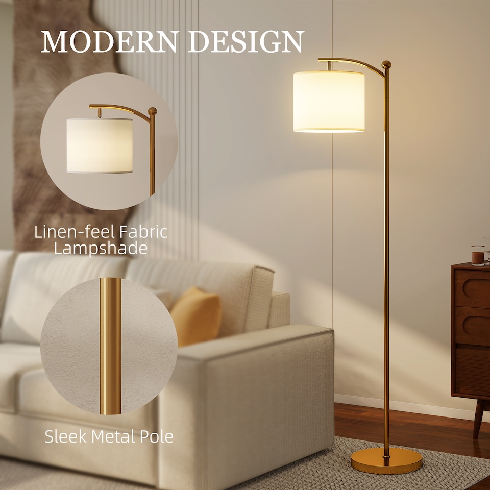 image 1 of HOMCOM LED Floor Lamp with Dimmable Colours Temperature & Brightness, Gold | Gold | Gold Tone
