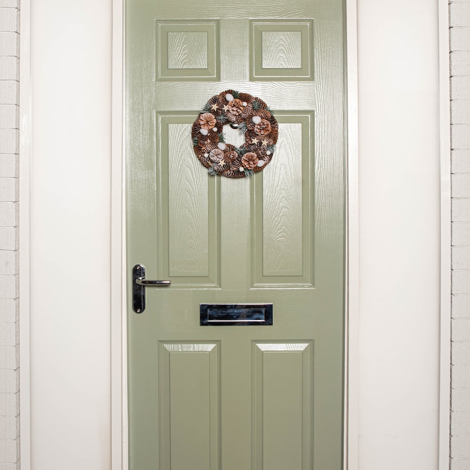 image 1 of 30cm Frosted Hanging Christmas Wreath with Pine Cones & Wooden Stars