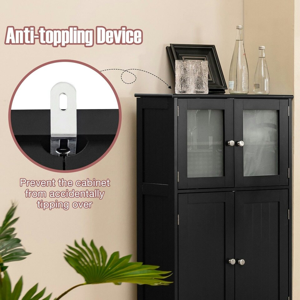 image 1 of COSTWAY 4-Door Bathroom Floor Cabinet Storage Cabine Black Black