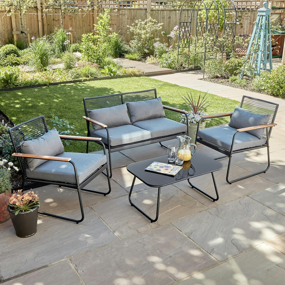 image 1 of Black Metal 4 Piece Garden Set Padded Cushion Glass Tabletop Outdoor Furniture