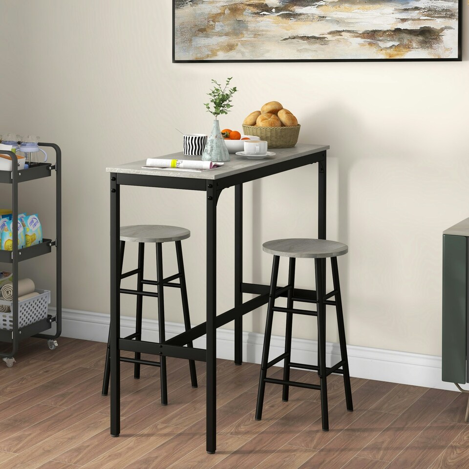 image 1 of HOMCOM 3 Piece Bar Set, Industrial Kitchen and Chair Set Grey