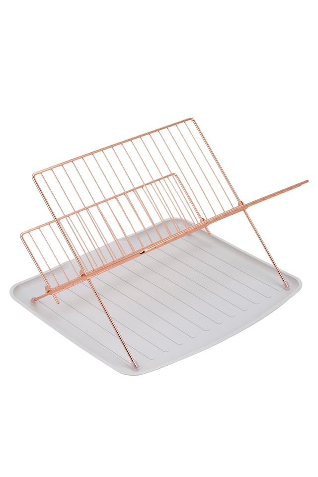 image 1 of Living and 2-Tier Foldable Countertop Dish Drying Rack with Drip Tray | Gold