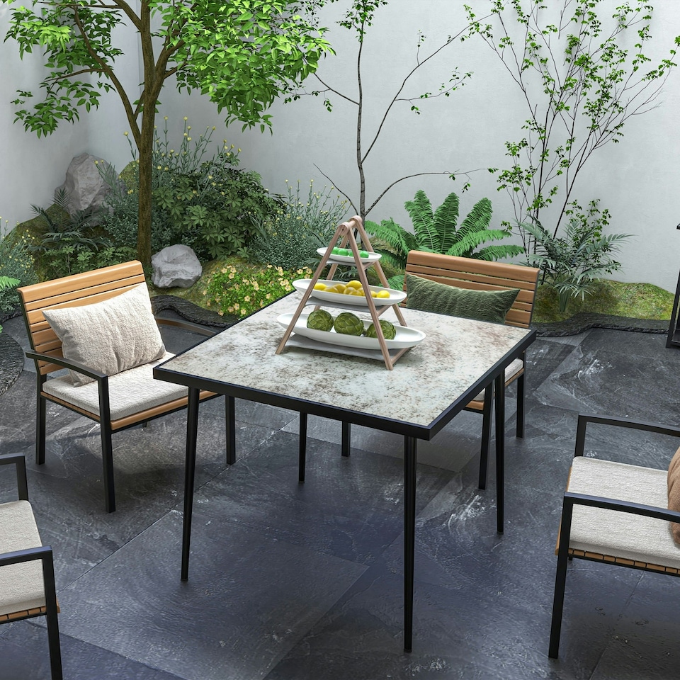 image 1 of Outsunny Outdoor Dining Table for 4 with Marble Tempered Glass Top
