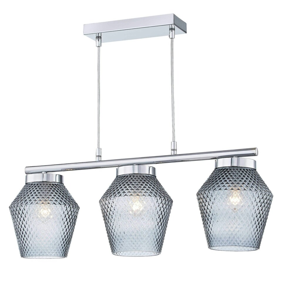 image 1 of First Choice Lighting Set of 2 Fraser Smoked Textured Glass 3 Light Pendant Bars Chrome | Clear
