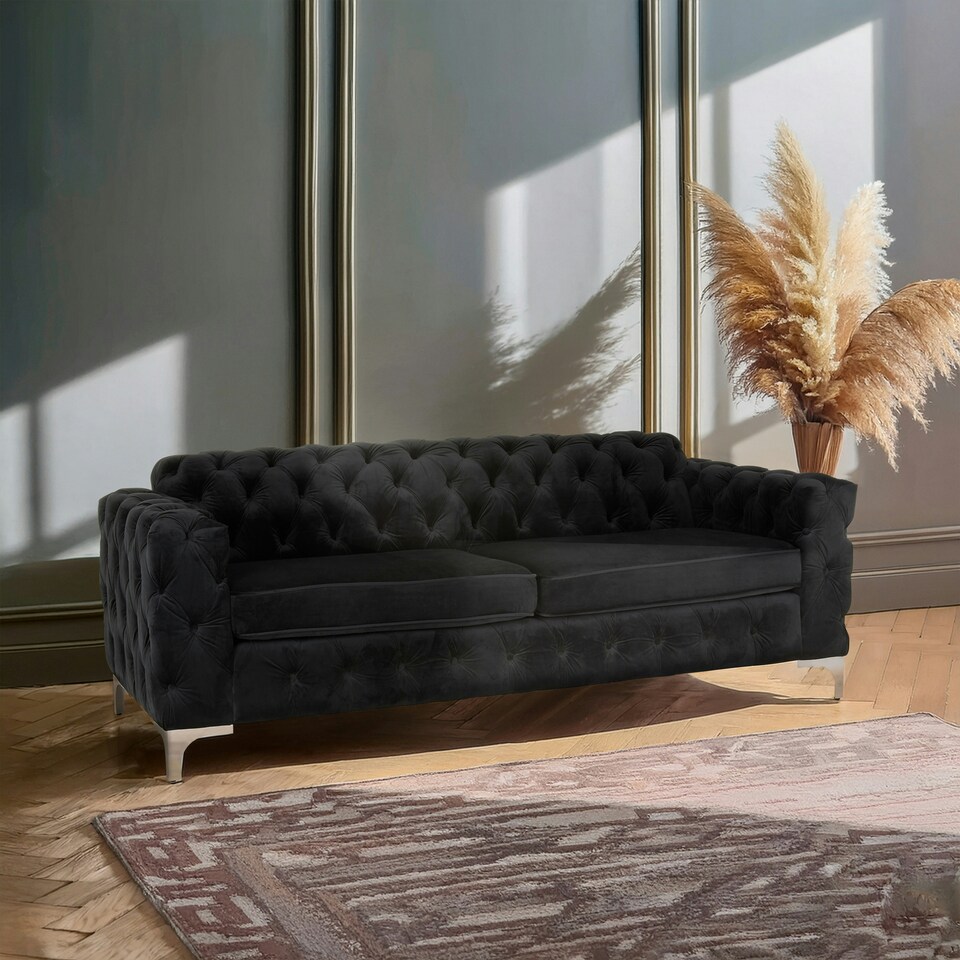 image 1 of Sturdy Black Chesterfield Sofa With Quilted Design,Velvet Upholster Lounge Sofa,Cozy Couch For Office Decor Black