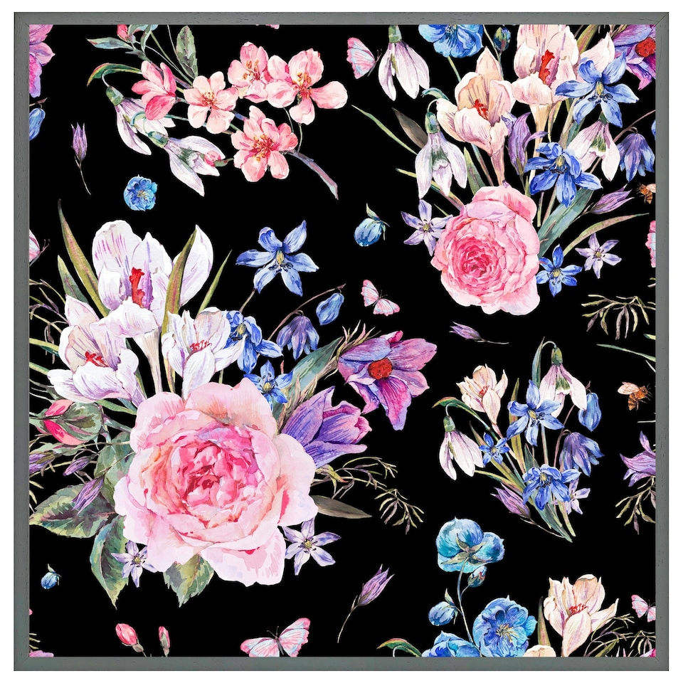 image 1 of Bright pink flowers on black (Picture Frame) Black | XL