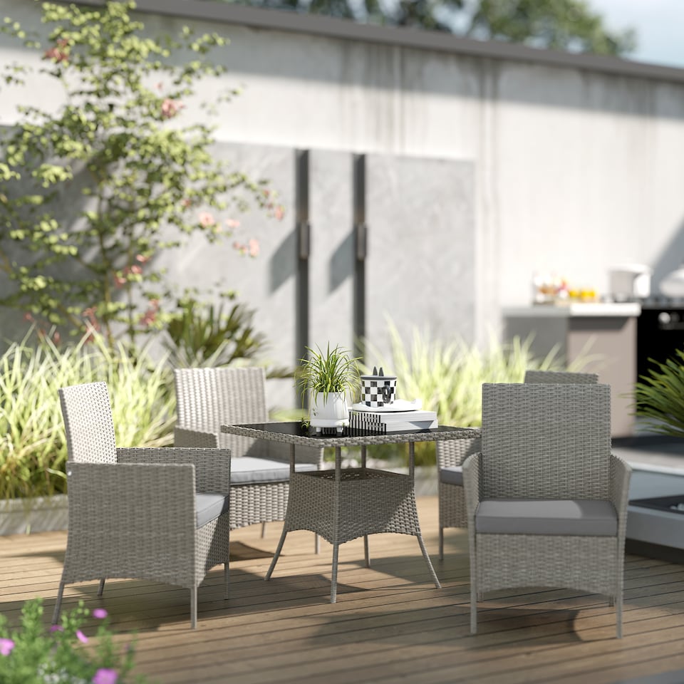 image 1 of Outsunny Rattan Outdoor Dining Table and Chairs for 4, Light Grey