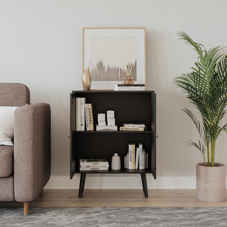 image 1 of Black 2-Tier 2-Door Wooden Cabinet With Legs | Black | Black & Black | 0 x 0 x 0 | 1