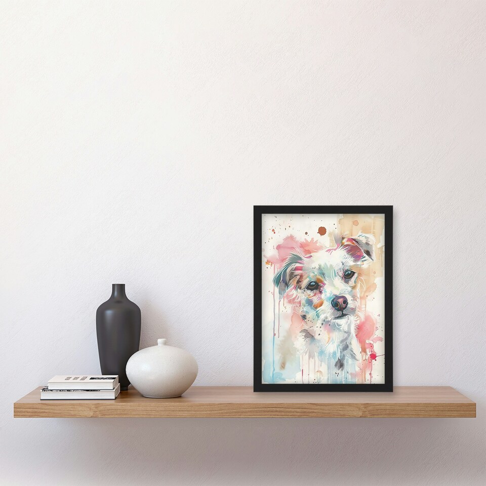 image 1 of Dog Lover Watercolour Portrait Pink Light Black Framed Wall Art Print A4