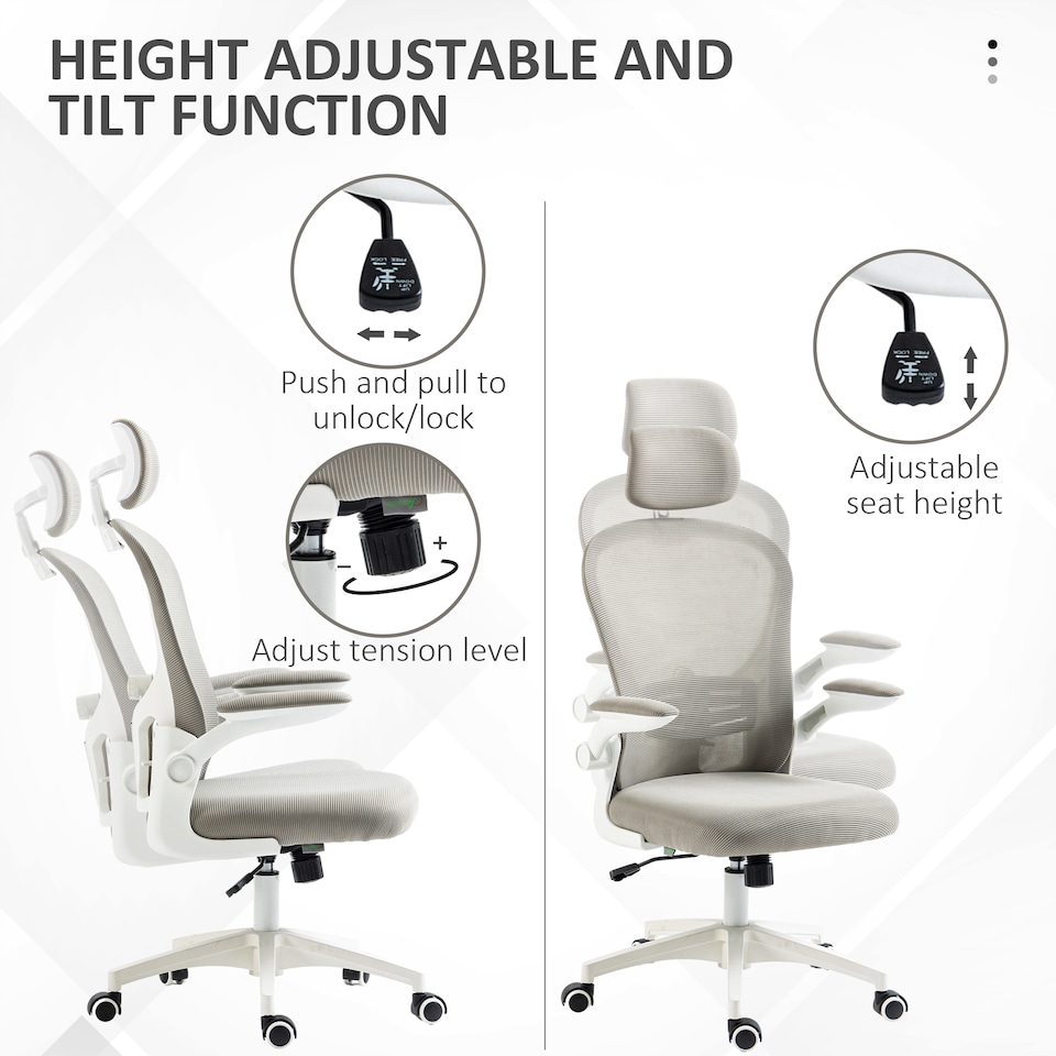 image 1 of Vinsetto High Back Office Chair, Mesh Computer Desk Chair with Rotatable Headrest, 4D Lumbar Support, Flip-up Arm, Adjustable Height, Grey