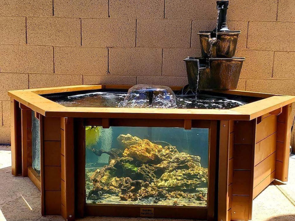 image 1 of Raised hexagon pond with large windows Lily Clear View Garden Aquarium in Natural Brown