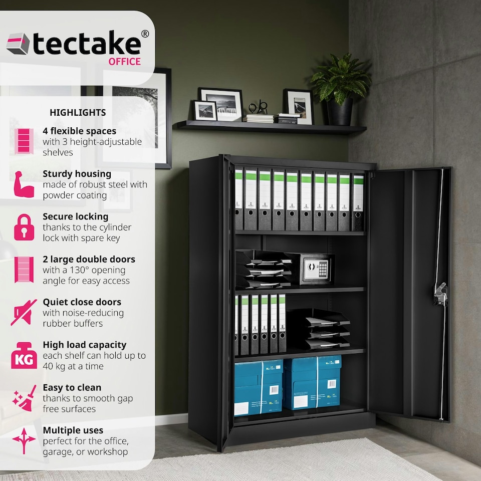 image 1 of Filing Cabinet - 4 adjustable shelves, lockable, 140 x 90 x 40 cm Black