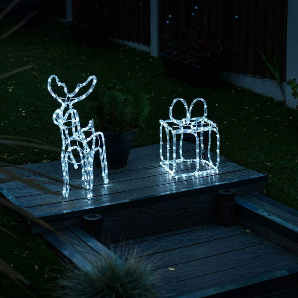 image 1 of ValueLights Set of 2 Standing Reindeer and Xmas Gift Present Rope Light Cool White Indoor / Outdoor Decoration