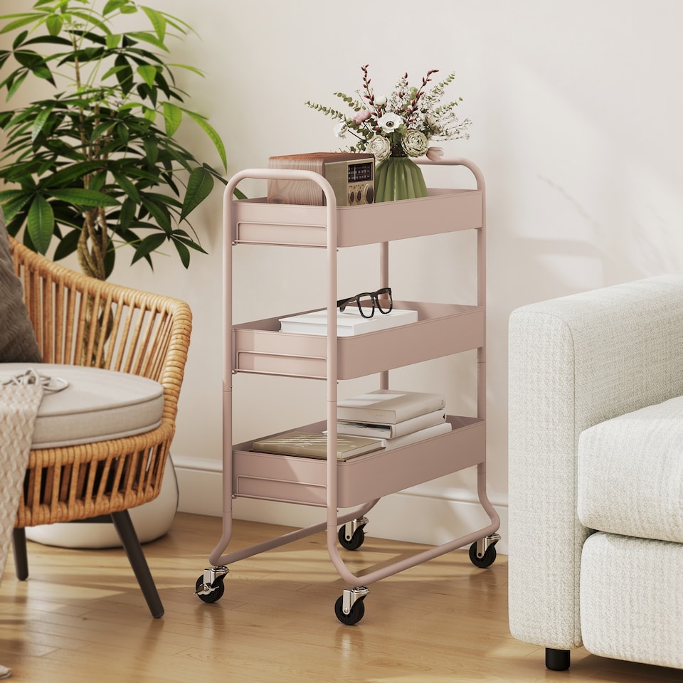 image 1 of HOMCOM 3-Tier Storage Trolley on Wheels, Rolling Utility Cart with Mesh Backets, Mobile Storage Cart for Kitchen, Bathroom, Bedroom, Light Pink | Pink | Pink