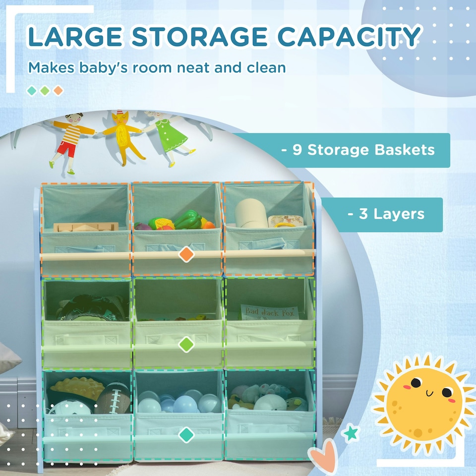 image 1 of ZONEKIZ Storage Unit w/ 9 Removable Storage Baskets for Nursery Playroom - Grey Blue