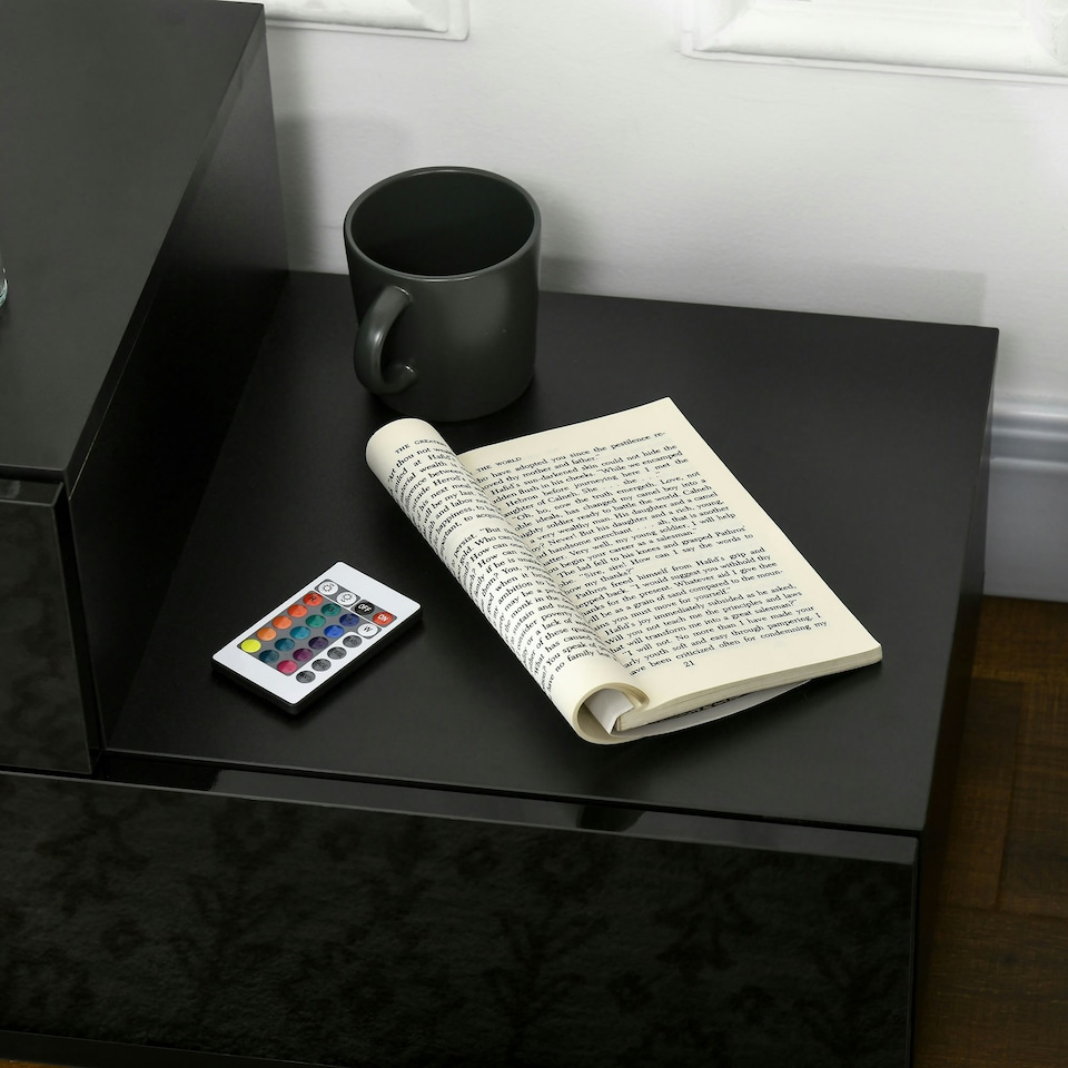 image 1 of HOMCOM High Gloss Front Bedside Table Nightstand with LED Light Remote Black