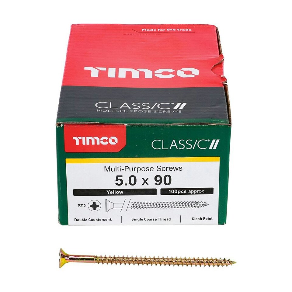 image 1 of Timco - Classic Multi-Purpose Screws - PZ - Double Countersunk - Yellow (Size 5.0 x 90 - 100 Pieces)