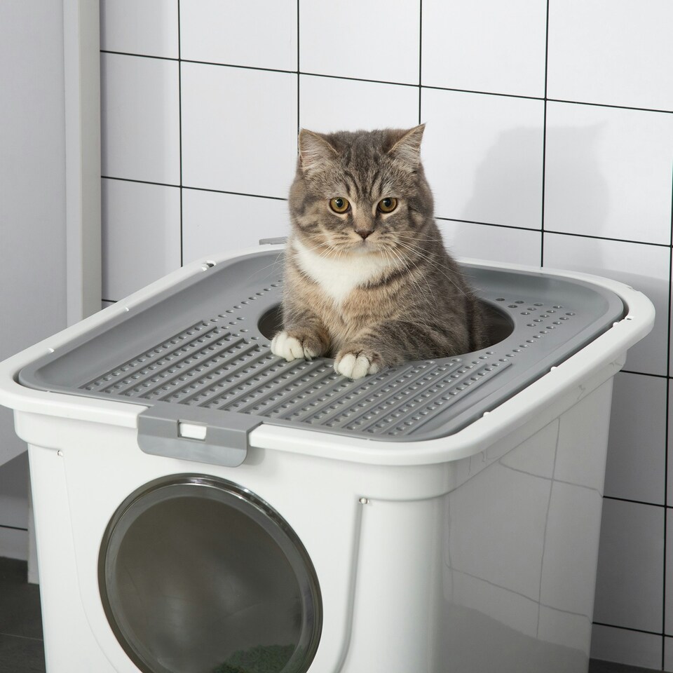 image 1 of PawHut Cat Litter Tray Pet Litter Box w/ Front Entrance, Top Exit, Scoop - White