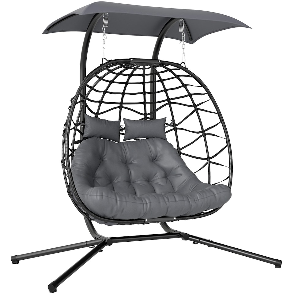 image 1 of Outsunny Rattan Double Hanging Egg Chair with Canopy, Cushion, Black