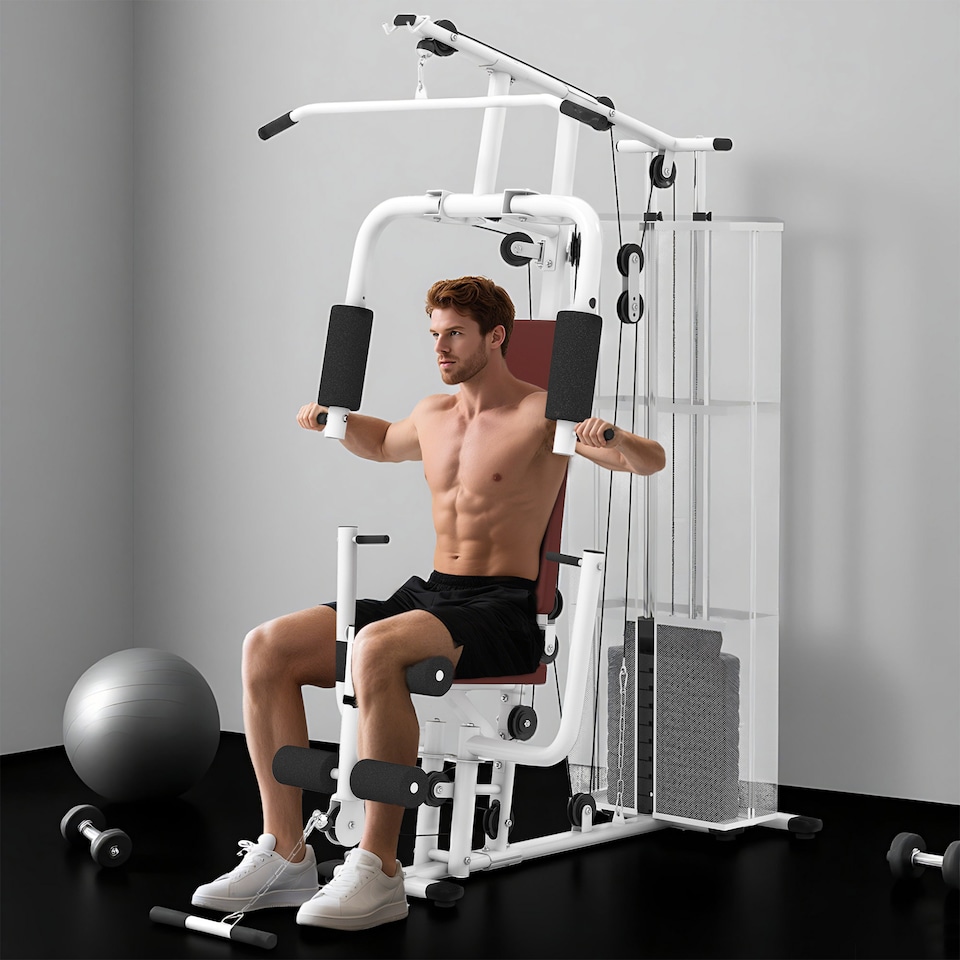 image 1 of HOMCOM Multifunction Home Gym Weight Training Station Machine White