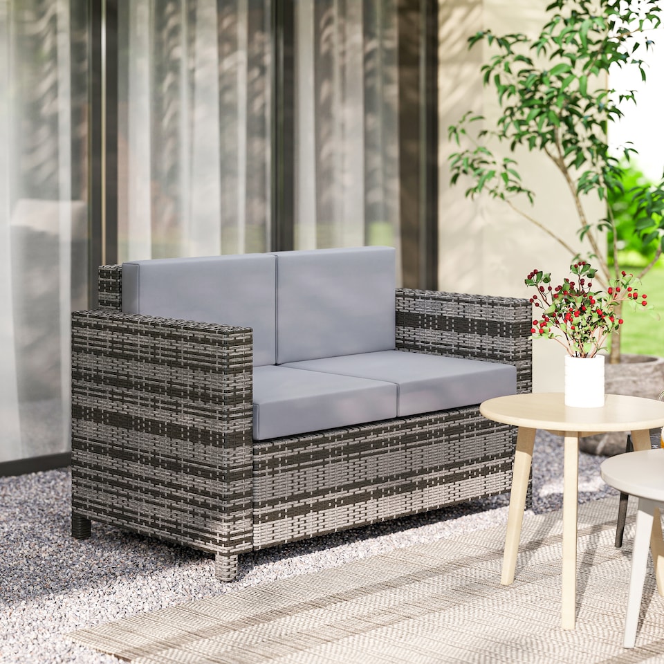 image 1 of Outsunny Rattan Wicker 2-seat Sofa Loveseat Padded Garden Furniture Grey