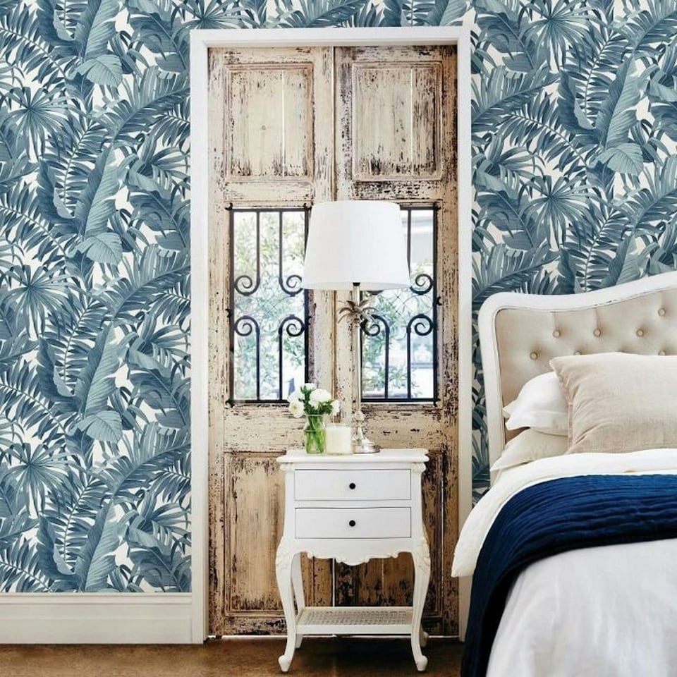 image 1 of Fine Decor A-Street Palm Leaf Wallpaper - Blue/White - 32.1ft x 21in Blue
