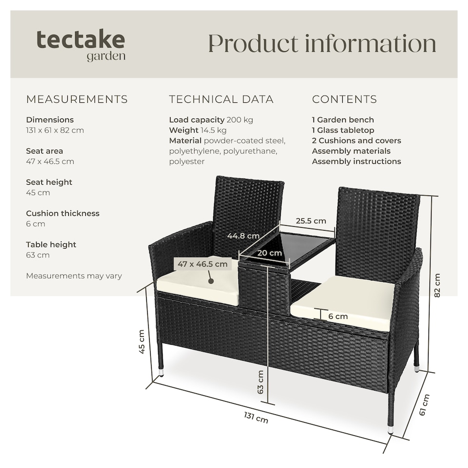 image 1 of Garden Bench Narbonne - 2-seater with table, weather-resistant polyrattan | Black | black/beige | One Size | 1