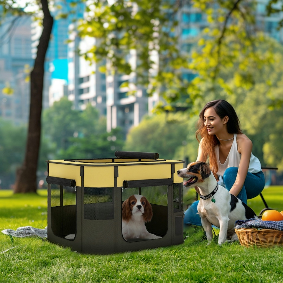 image 1 of PawHut Portable Dog Pen for Puppies, Rabbits, Kittens, Guinea Pigs - Yellow