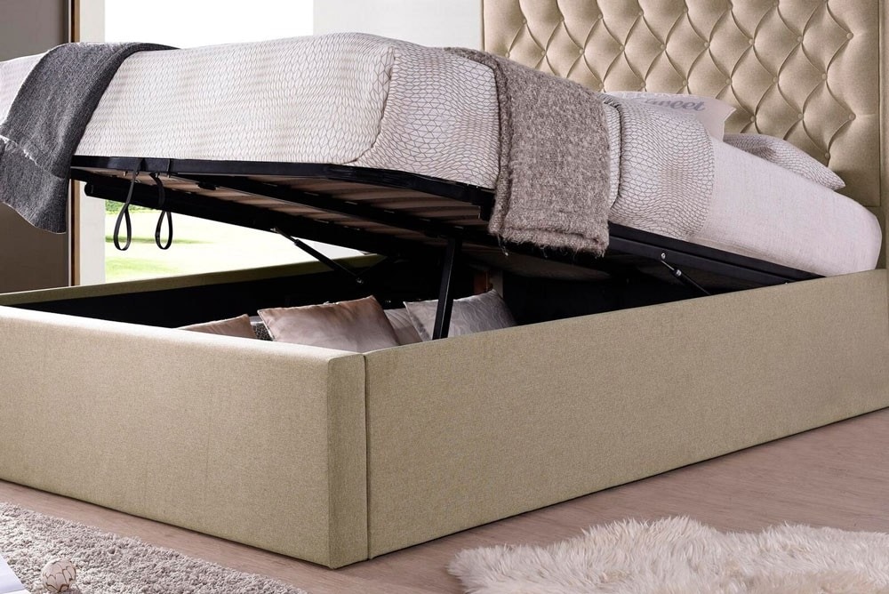 5ft King Size natural oatmeal fabric ottoman upholstered buttoned headboard, lift up storage bed frame. Front end, foot end lift