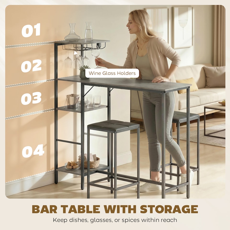 image 1 of HOMCOM 3Pcs Breakfast Bar Table and Stools Set 4-tier shelving | Black | Grey, Black | Table: 122W x 39.5D x 122.3H cm; Stool: 30.5W x 30.5D x 60H cm