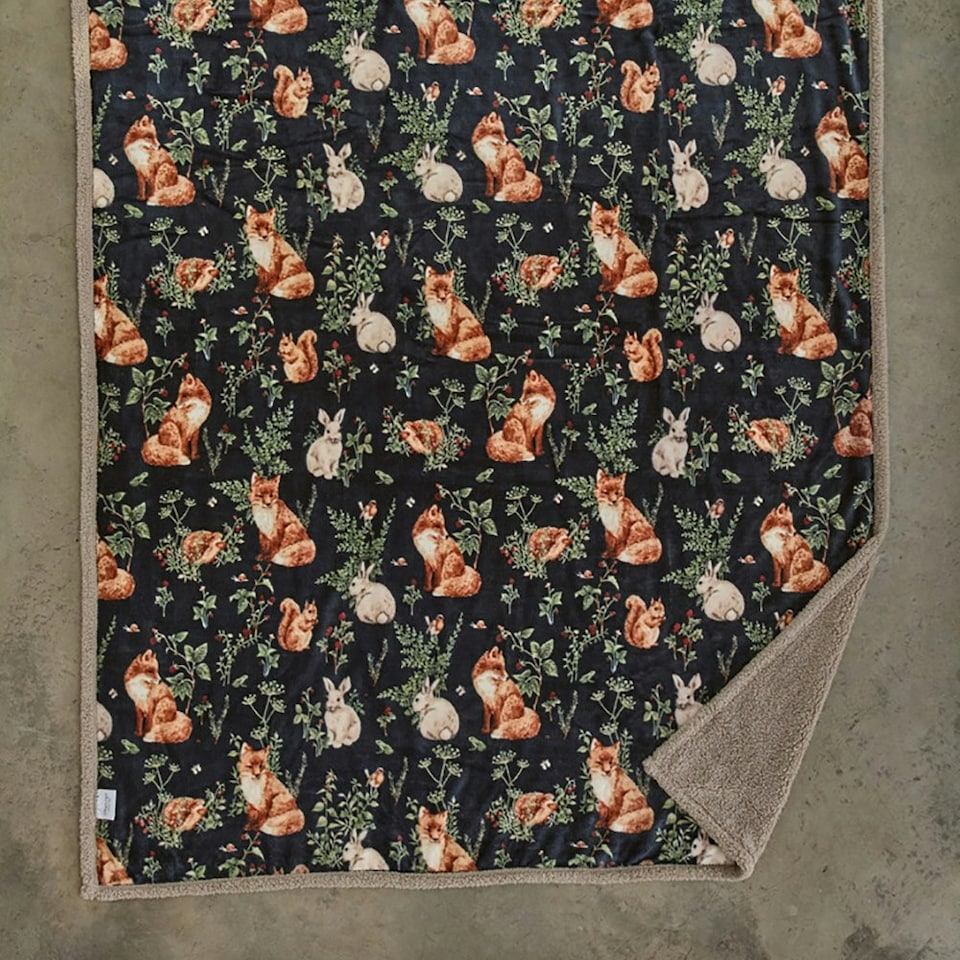 image 1 of Woodland Wildlife Forest Animal Flannel Throw with Sherpa Back – 140x180cm Blue | Navy