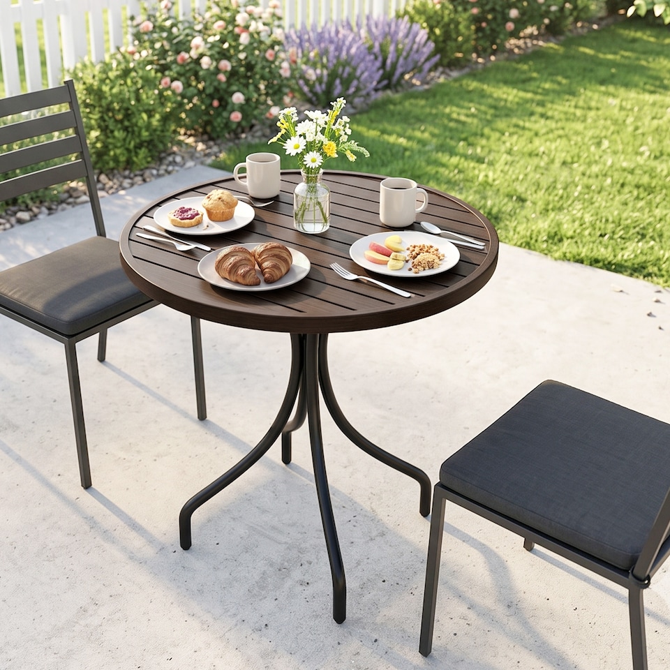 image 1 of Outsunny Round Garden Table Outdoor Side Table with Steel Frame Brown | Brown | Brown Wood Grain