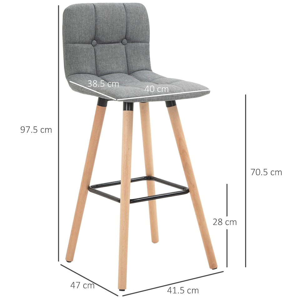 image 1 of HOMCOM Breakfast Bar Stool Set of 2 Armless Button-Tufted Counter Height Bar Chairs with Wood Legs & Footrest, Grey