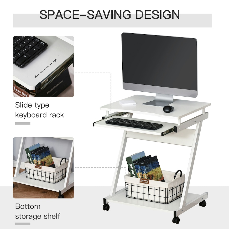 image 1 of HOMCOM Movable Computer Desk with 4 Moving Wheels Sliding Keyboard Tray White