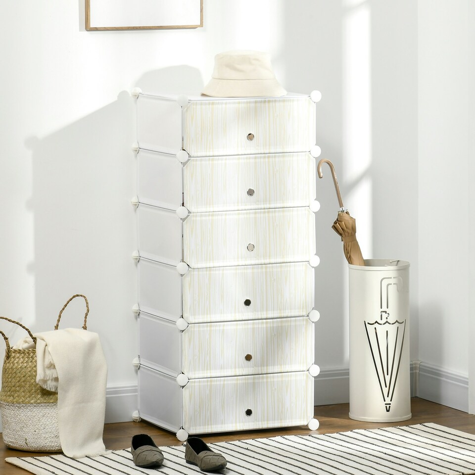 image 1 of HOMCOM 6 Tier Shoe Rack Plastic Storage Cabinet Modular Shoe Tower White White