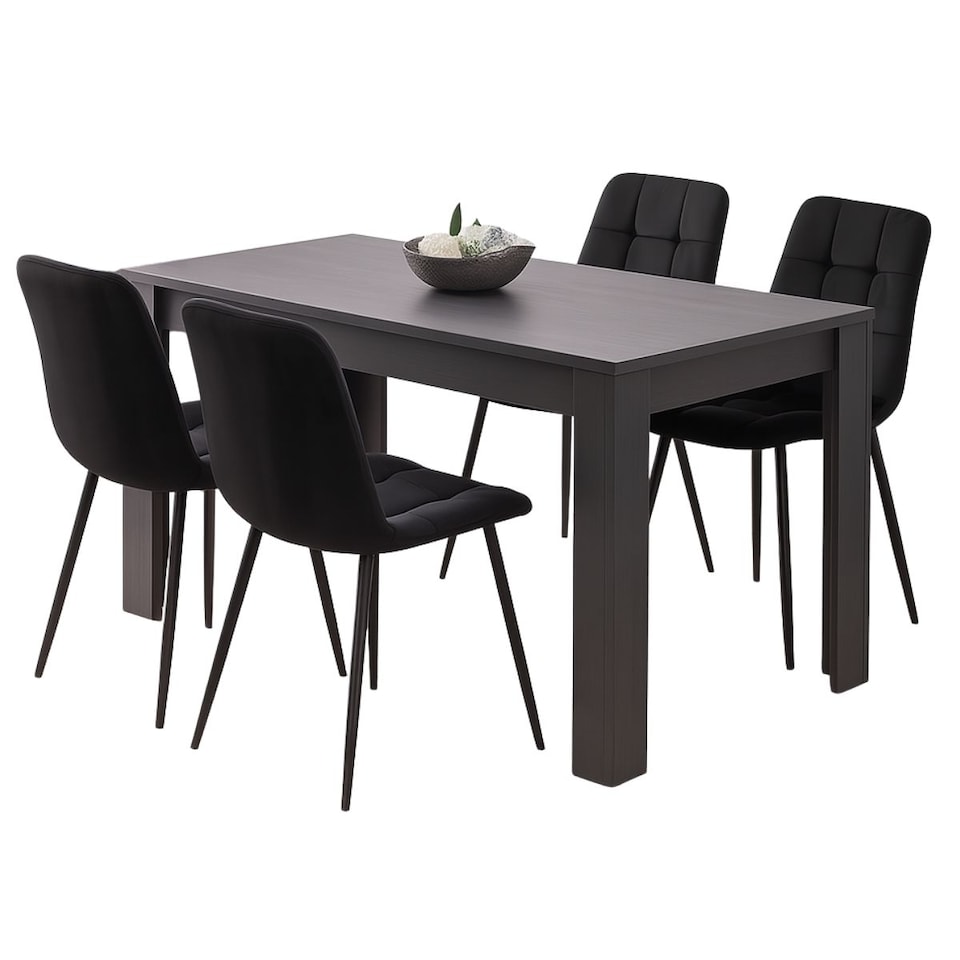 image 1 of Modern Dining Table Set Whit 4 Black Velvet Chairs Wood Dining Set Furniture