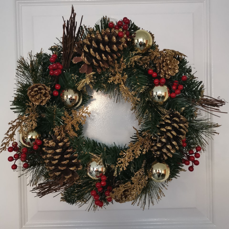 image 1 of 40cm Gold Dressed Christmas Wreath, Baubles, Pinecones and Berries