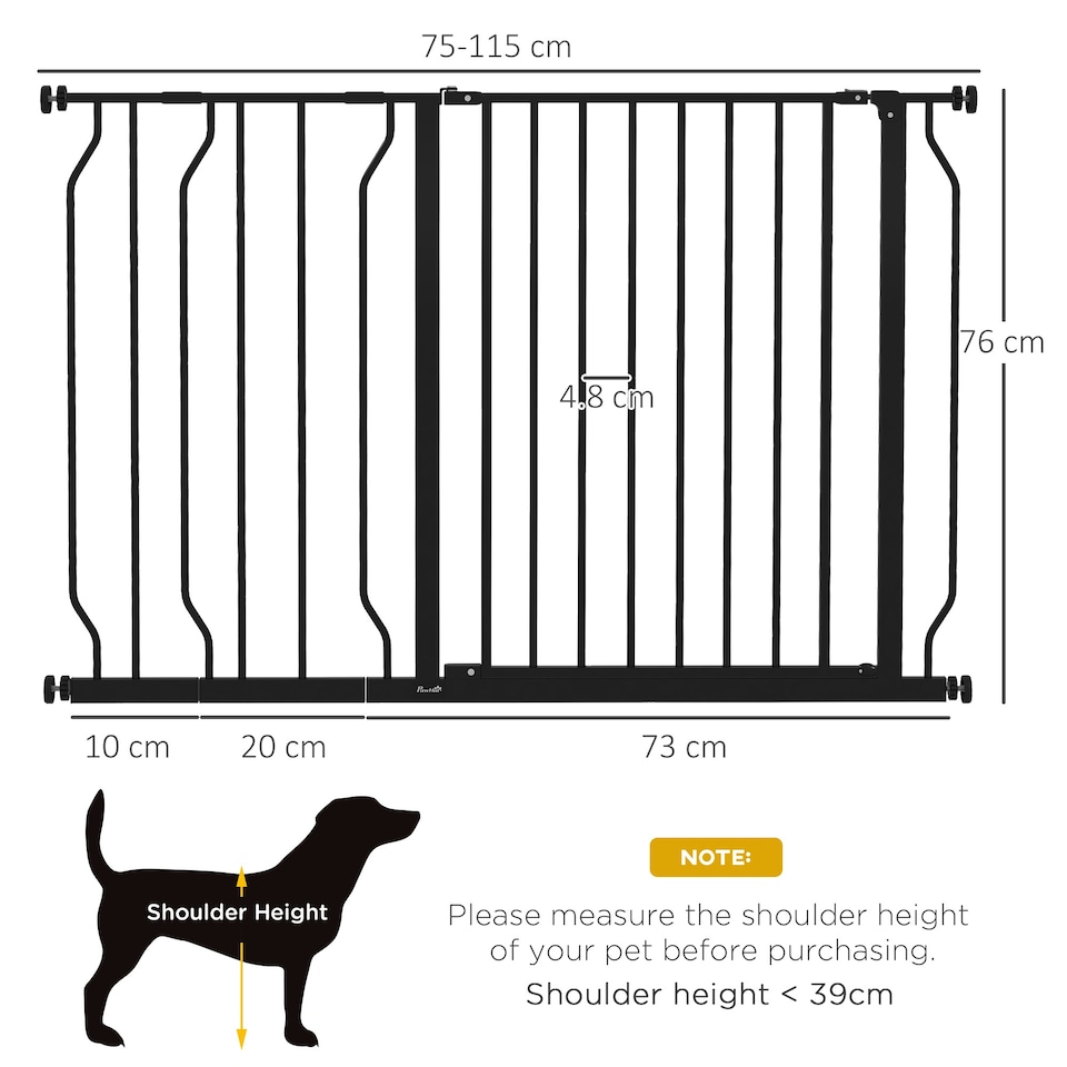 image 1 of PawHut Dog Gate Wide Stair Gate w/ Door Pressure Fit, 75-115W cm, Black