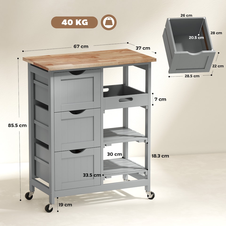 image 1 of HOMCOM Rolling Kitchen Island Cart, Bar Serving Cart on Wheels Grey