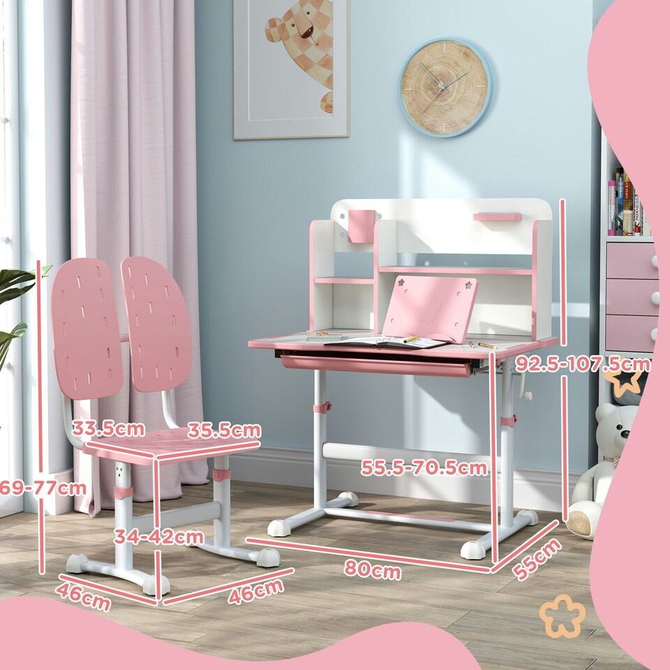 image 1 of AIYAPLAY Kids Desk and Chair Set w/ Tiltable Desktop, Reading Rack Pink