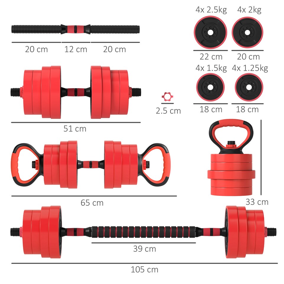 image 1 of SPORTNOW 4-in-1 Adjustable Weight Dumbbells Set, Used as Barbell, Kettlebell, Push up Stand, Free Weights Set for Men and Women Home Gym Training, 30KG, Red