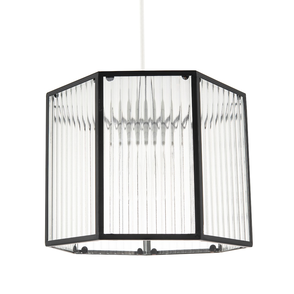 image 1 of Vintage Industrial Lantern Pendant Shade in Black with Ribbed Glass | Black