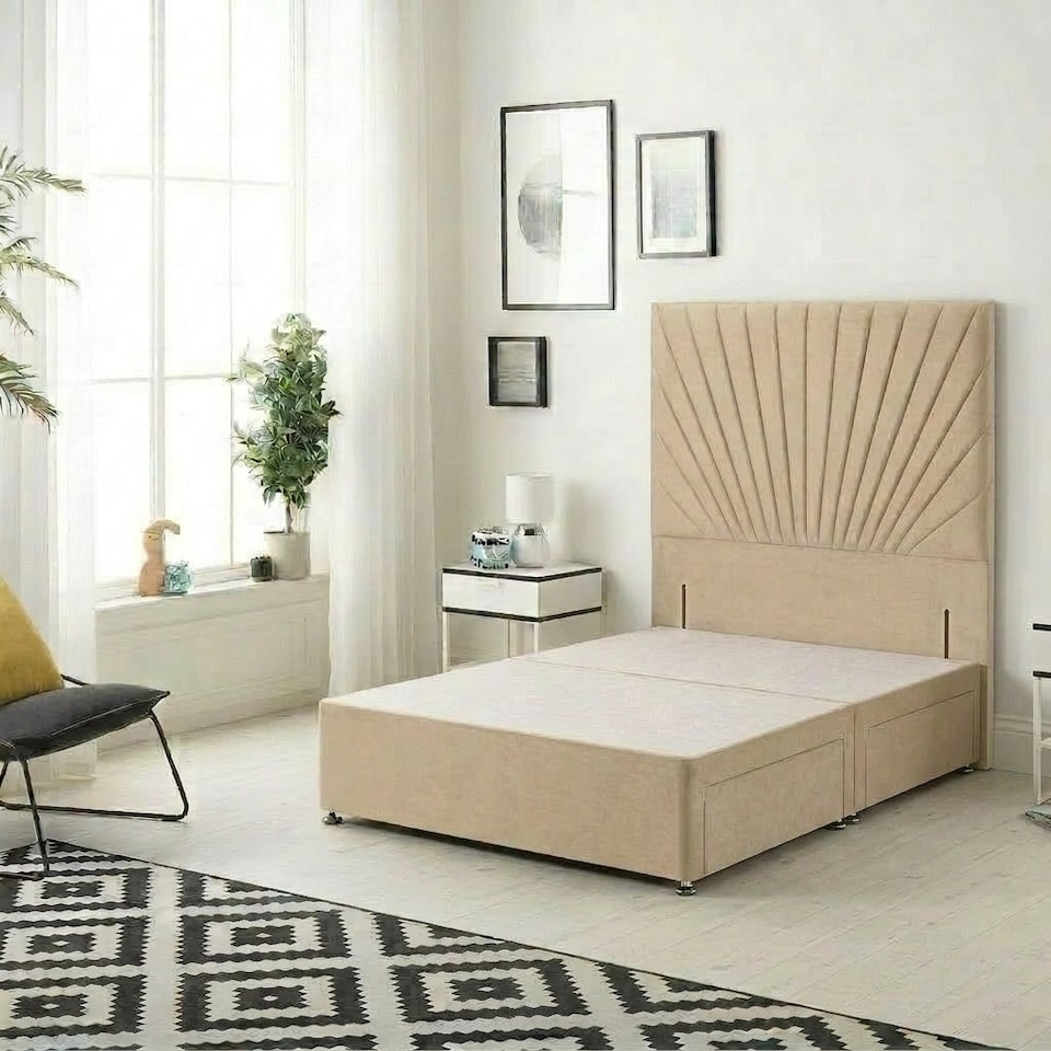 image 1 of Sunburst Divan Bed with 4 Drawers & 54'' Floor Standing Headboard Plush Velvet | Brown | Beige
