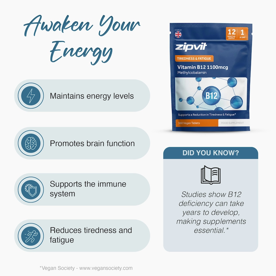image 1 of Zipvit Vitamin B12 1100mcg, Energy & Immunity Support, 360 Vegan Tablets, 12-Month Supply