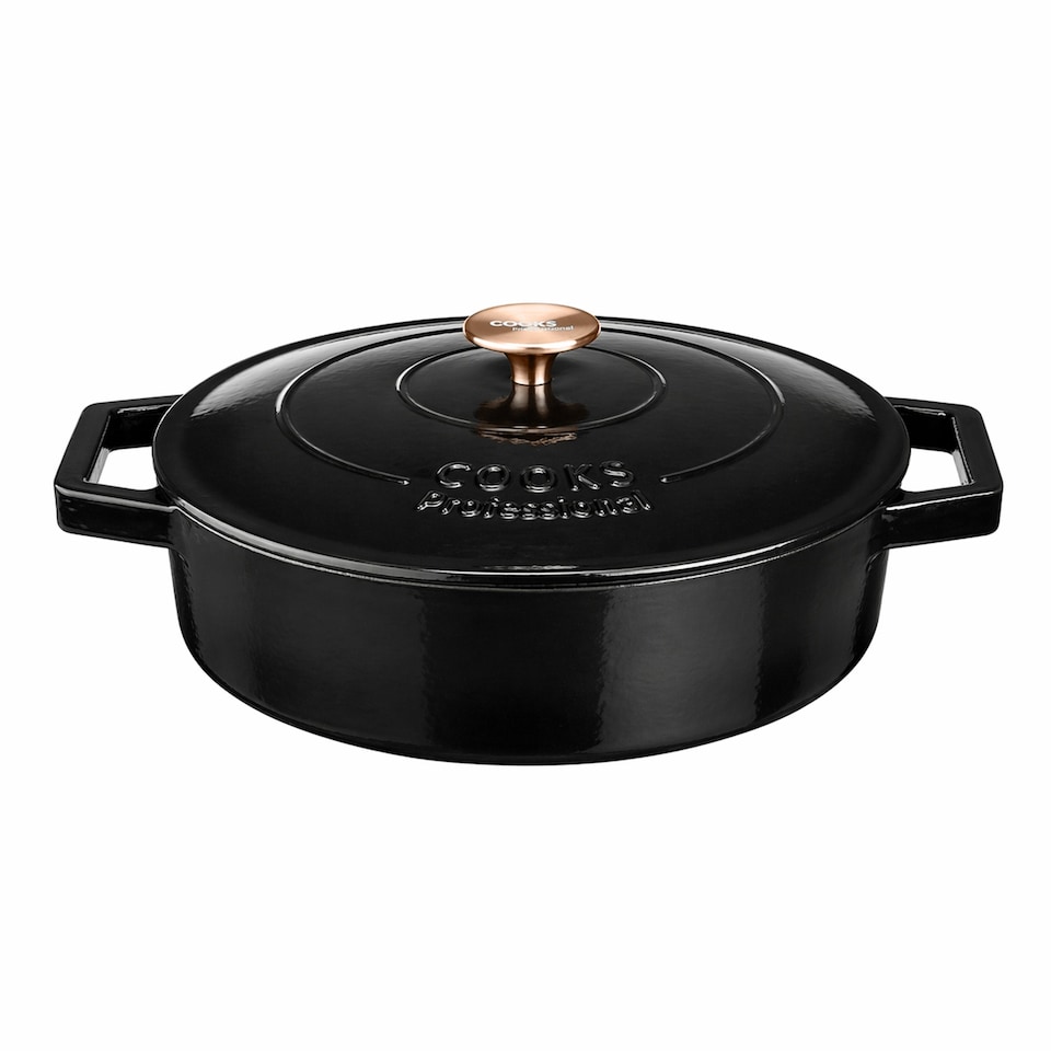image 1 of Cooks Professional Cast Iron Casserole Dish 28cm - Ovenproof Pan with Lid | Black | Matt Black