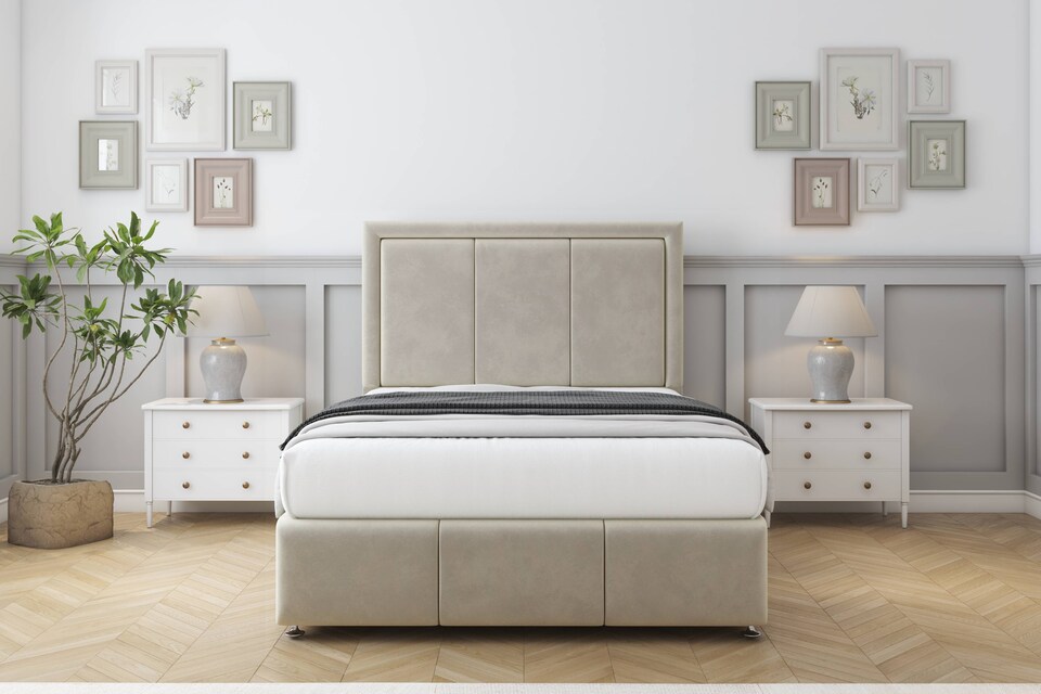 image 1 of Sloomy Lancaster Cream Plush Divan Bed Base 2 Drawers Right Side With 54 Inch Floor Standing Headboard & 12 Inch Matching Footboard | Cream | Cream | Small Single | 1