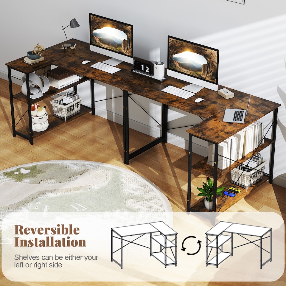 image 1 of COSTWAY L-shaped Computer Desk Reversible Corner Desk Brown