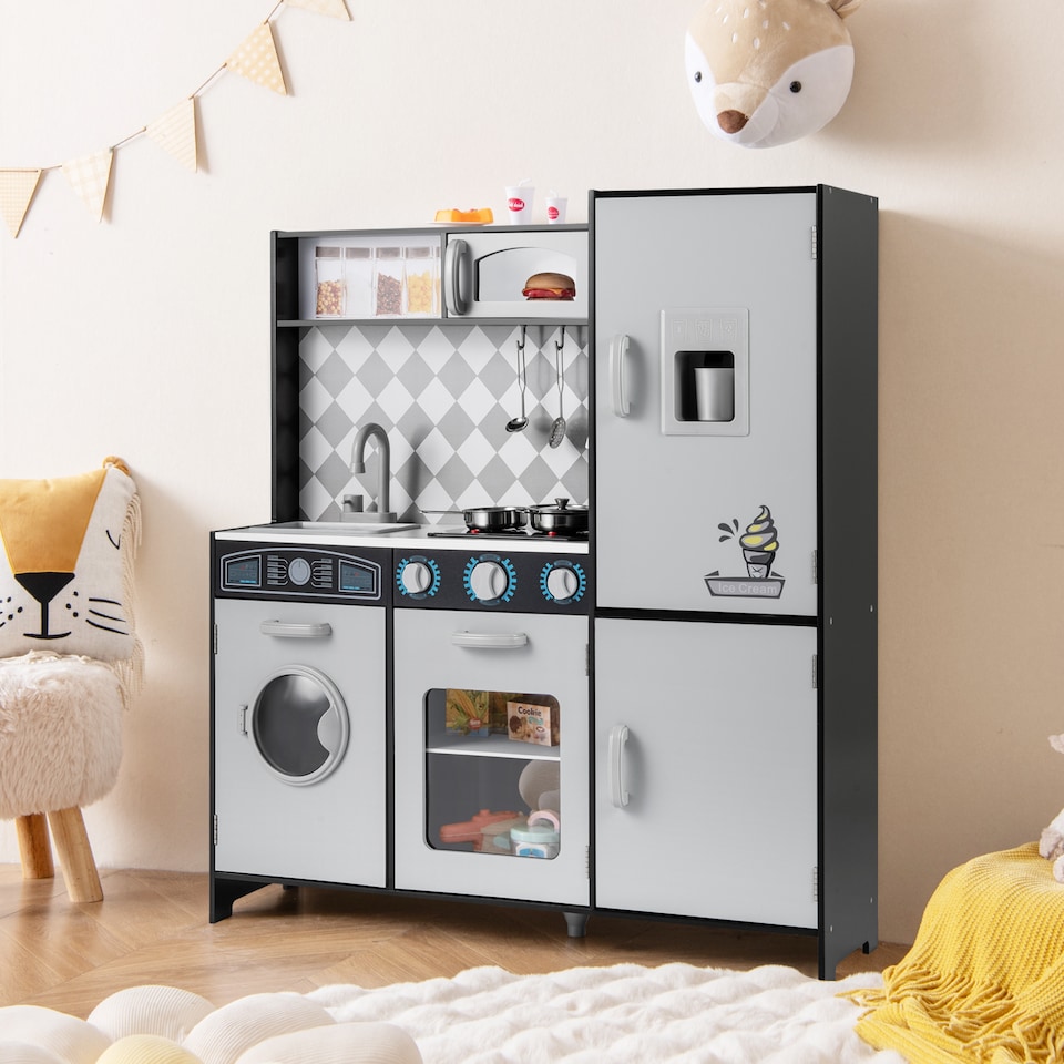 image 1 of COSTWAY Pretend Play Kitchen Kids Wooden Toy Set Kitchen Accessory Playset Grey