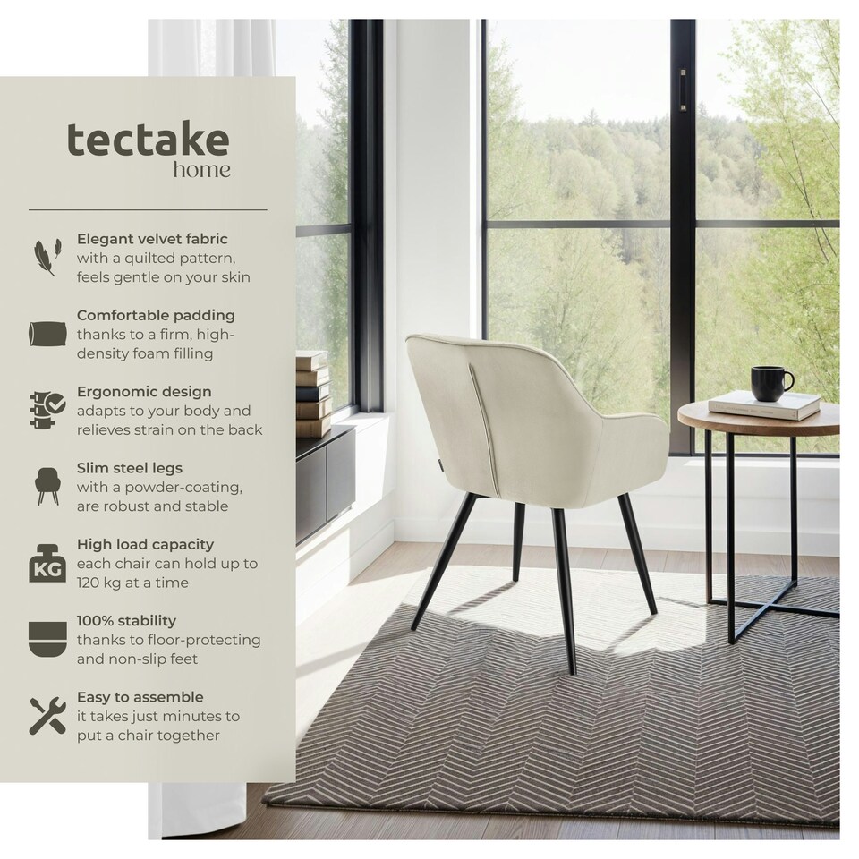 image 1 of Dining Chair Marilyn - velvet look, quilted pattern - per piece Cream | Cream/Black